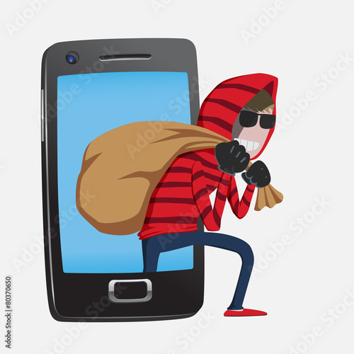 Hacker step out of smart phone screen criminal activity