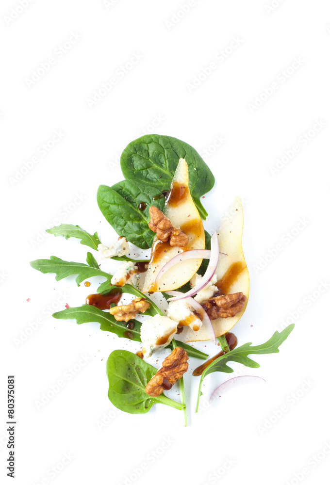 Salad - modern artistic composition. Blue cheese, pear, arugula, walnuts, red onion and balsamic vinegar dressing on white background from above. Layout with free text space. Salad - modern artistic composition. Blue cheese, pear, arugula, walnuts, red onion and balsamic vinegar dressing on white background from above. Layout with free text space.