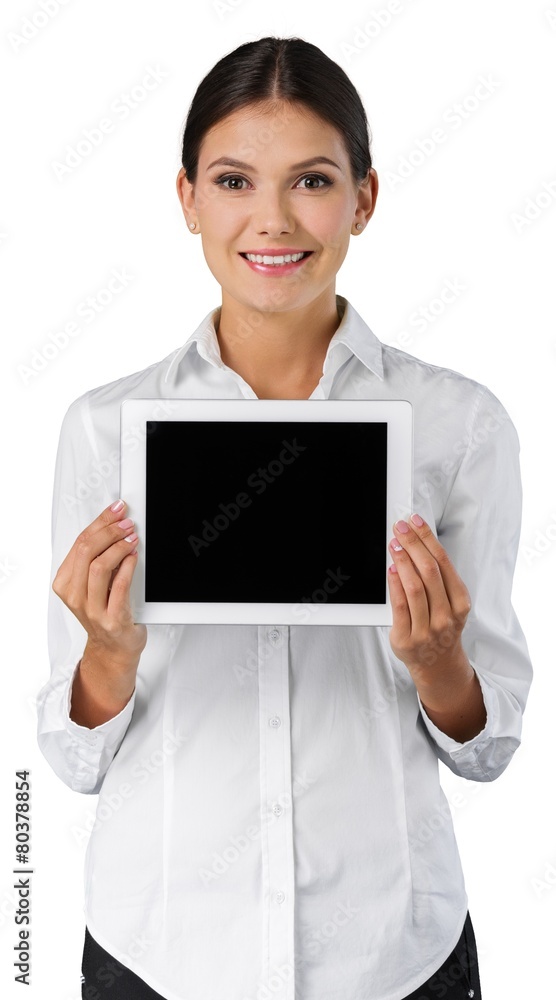 Analysis. business concept - businesswoman showing tablet pc Analysis. business concept - businesswoman showing tablet pc