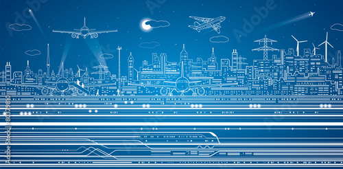 Airport panorama, vector city infrastructure, train move