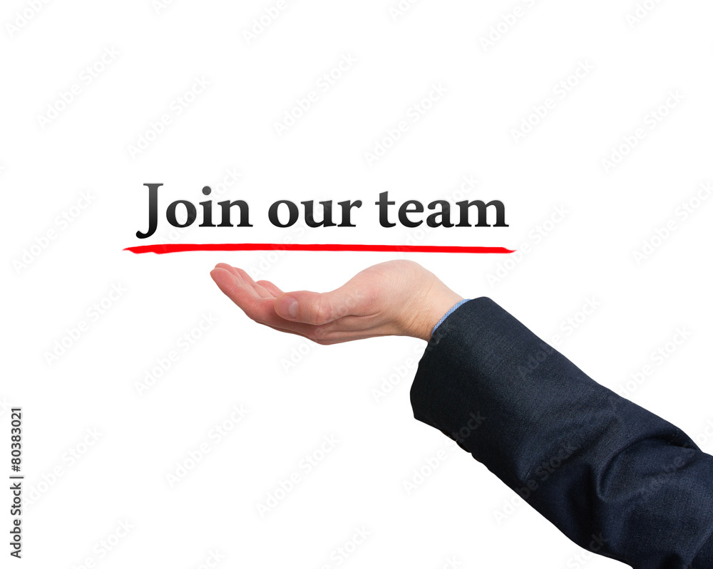 Businessman showing join our team sign, technology, internet Businessman showing join our team sign, technology, internet