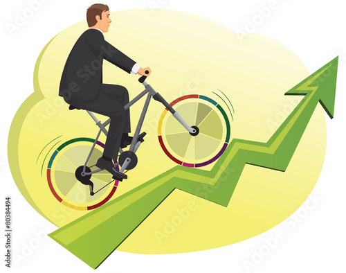 Businessman rides a bike with colorful pie diagram wheels