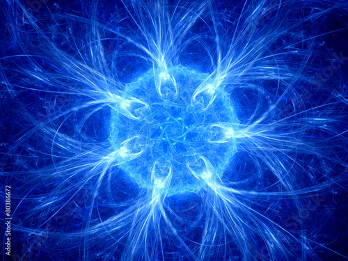 Blue neon glowing magical star in space © sakkmesterke