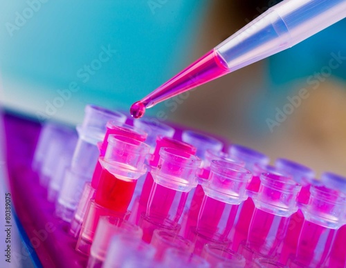 Obraz na plátně PCR strip test tubes and micropipette in genetics laboratory