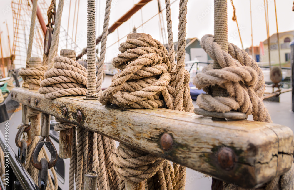 Ropes on the side of old sailing ship