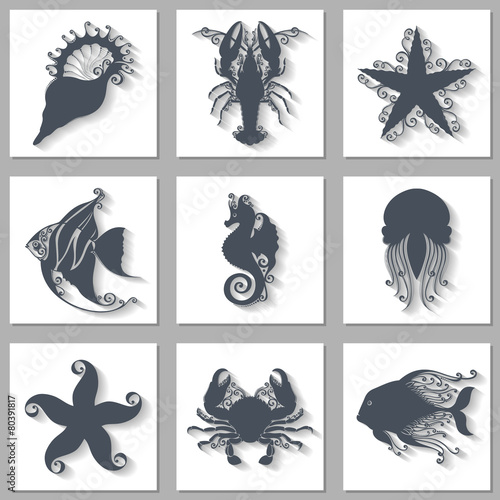 Vector Set of Ornate Sea Animals Icons with Long Shadow. Sea She