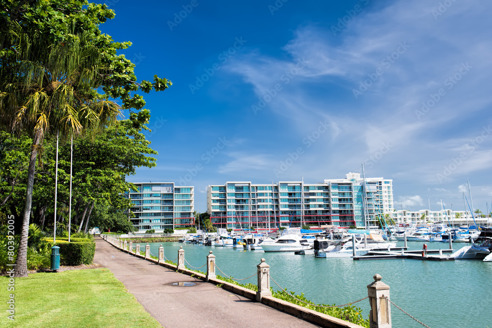 View of the city bay with lots of yachts