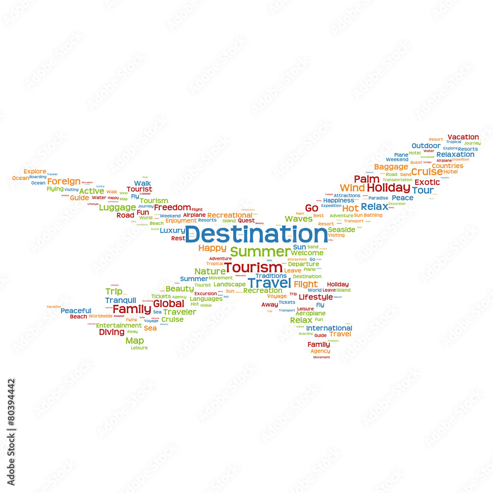 Fototapeta premium Vector conceptual travel or tourism plane word cloud