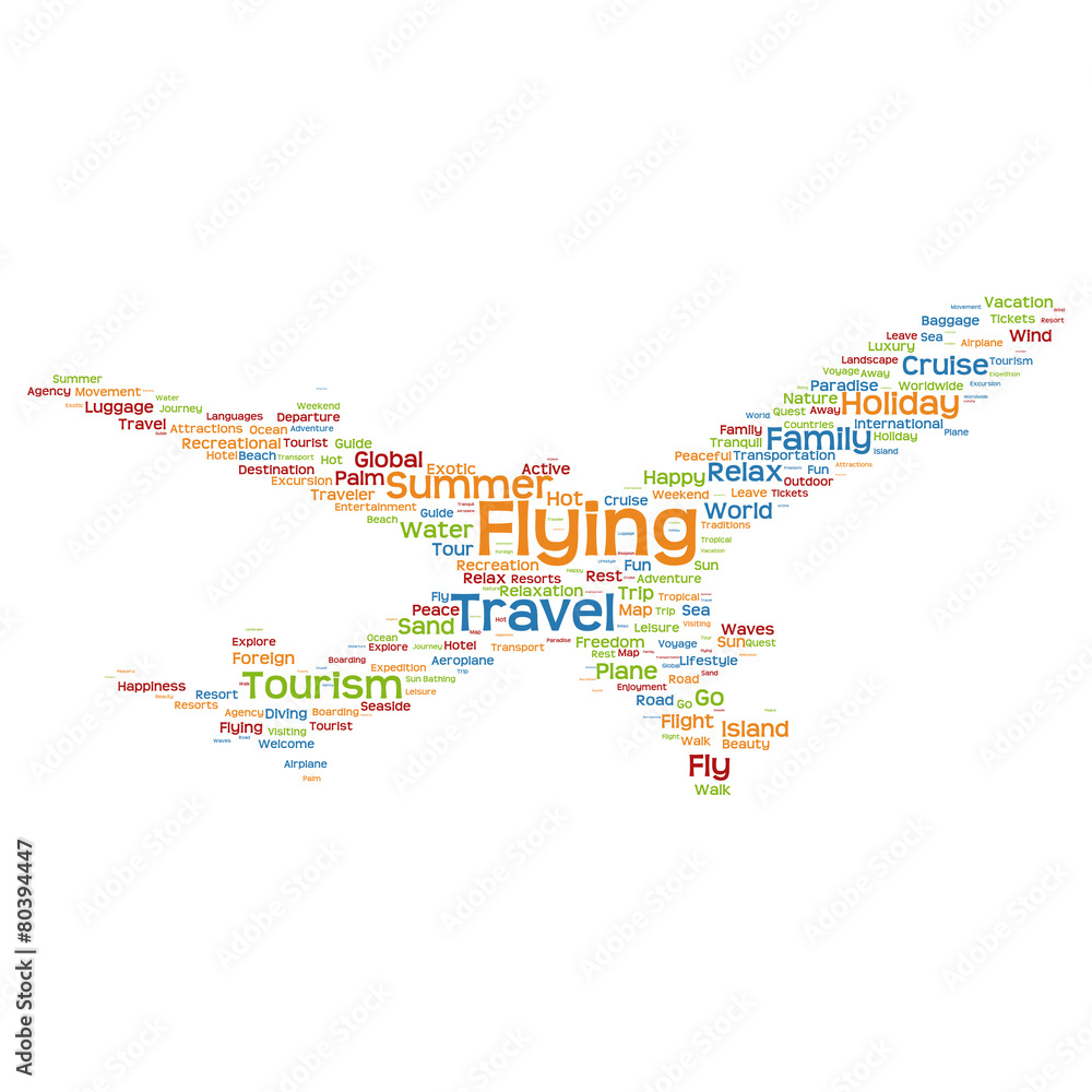 Vector conceptual flying travel or tourism plane word cloud