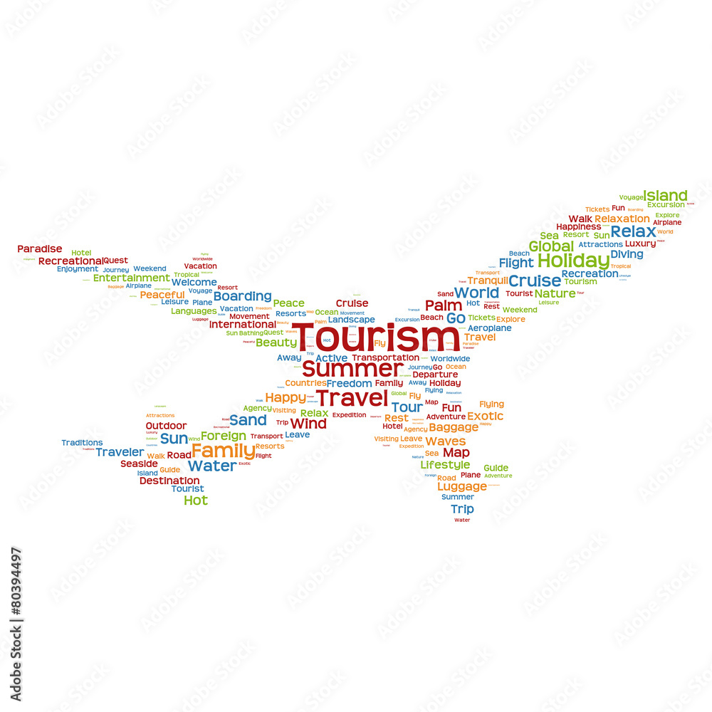 Vector conceptual tourism travel or tourism plane word cloud