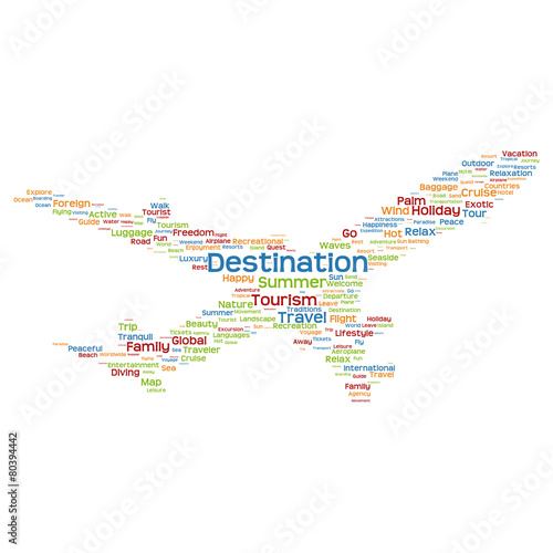 Vector conceptual travel or tourism plane word cloud