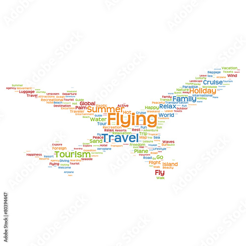 Vector conceptual flying travel or tourism plane word cloud