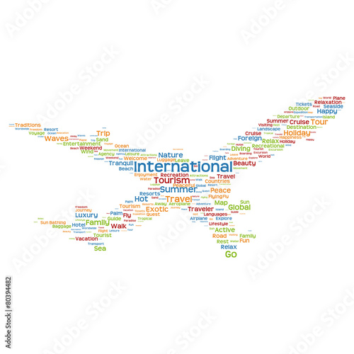 Vector conceptual travel or tourism plane word cloud