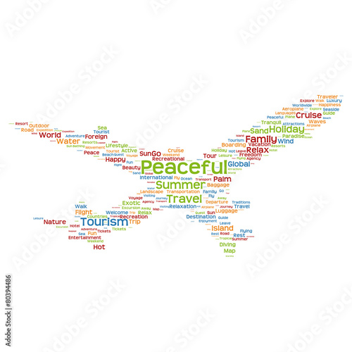 Vector conceptual peaceful travel or tourism plane word cloud