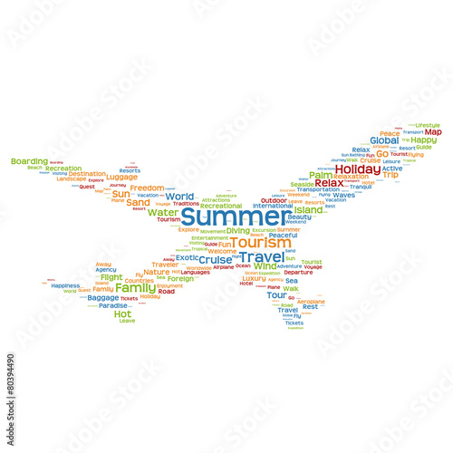 Vector conceptual summer travel or tourism plane word cloud