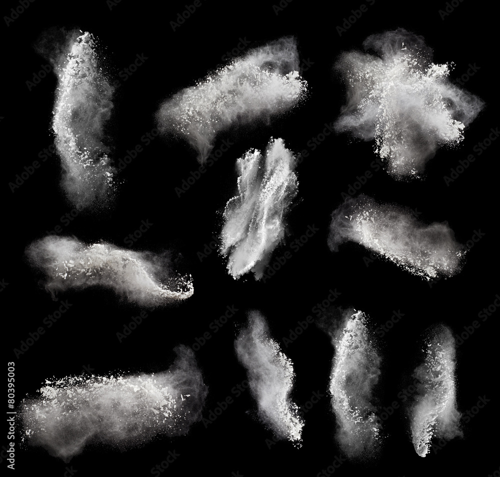 Abstract design of white powder cloud against black - obrazy, fototapety, plakaty 