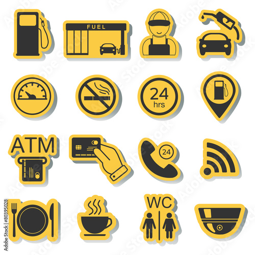 Gas station icons. Fuel icons. Stickers. Vector
