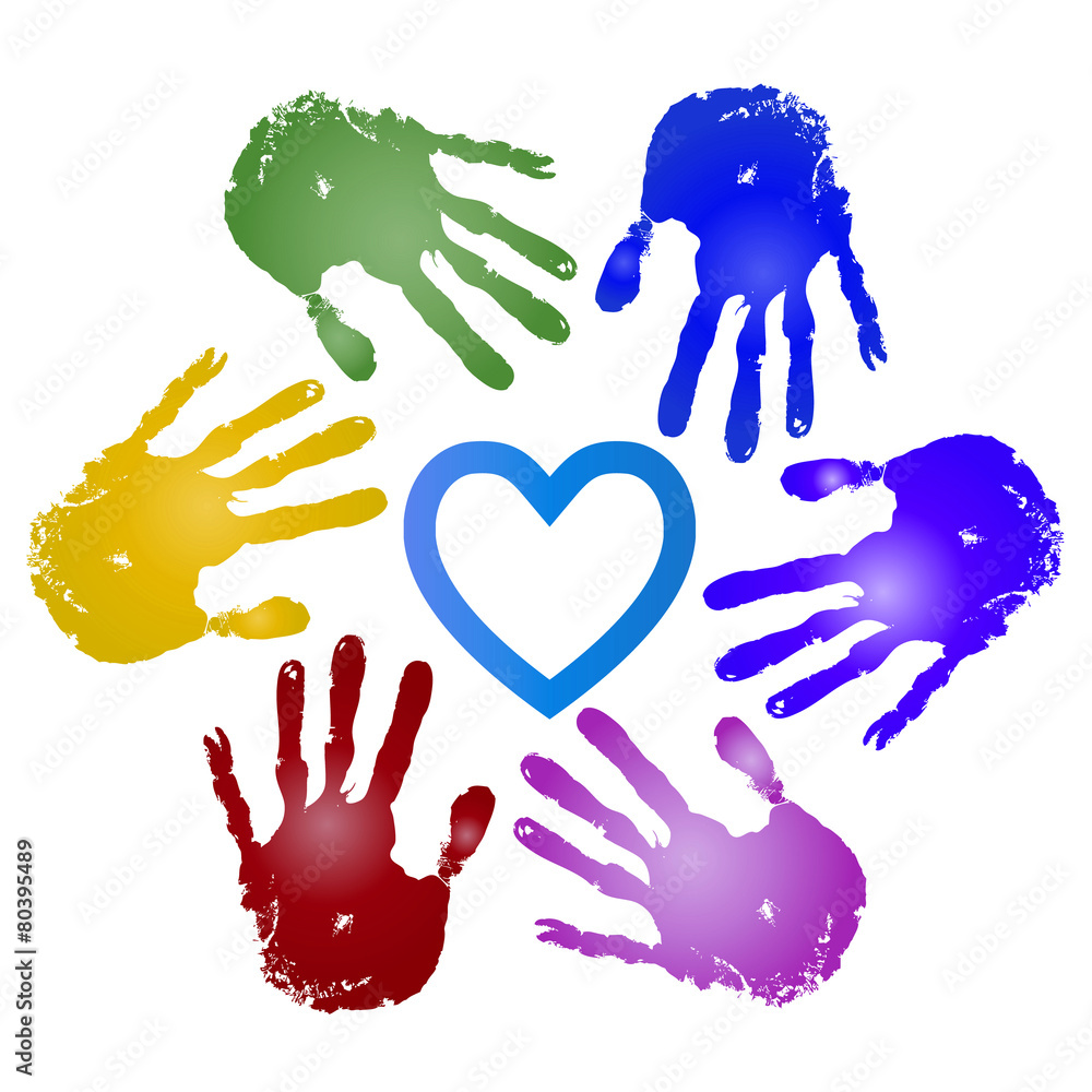 Fototapeta premium Conceptual children painted hand print and heart isolated