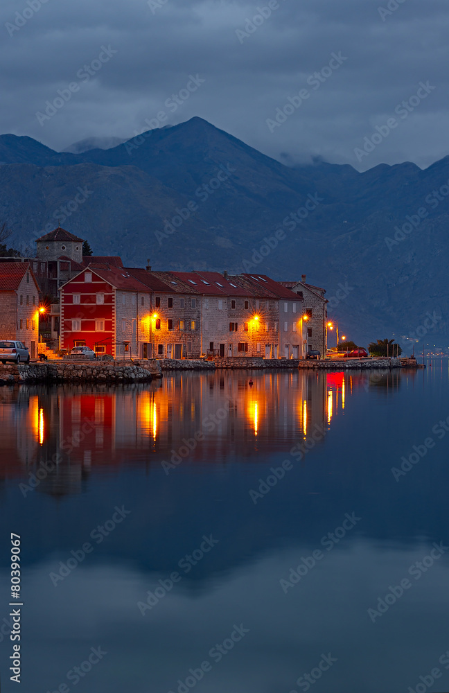  Bay of Kotor at night. Kotor region is a World Heritage Site.