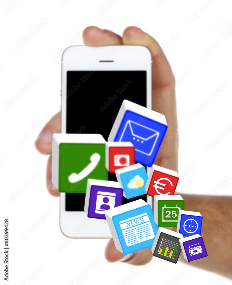 Smart-phone in hand and icons on buttons isolated on white Smart-phone in hand and icons on buttons isolated on white