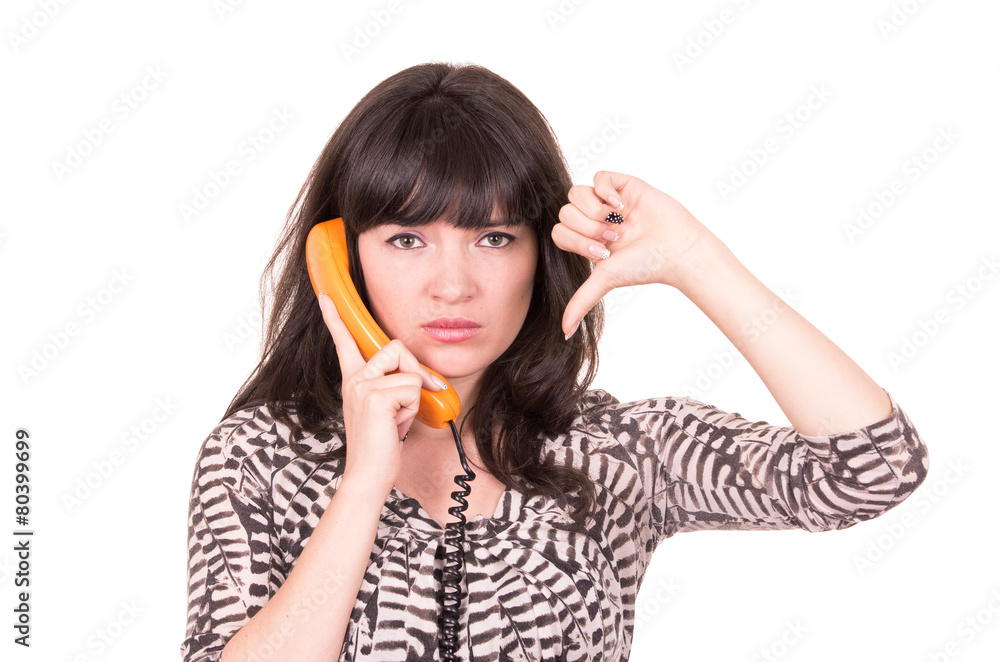 beautiful young woman using retro orange telephone beautiful young woman using retro orange telephone