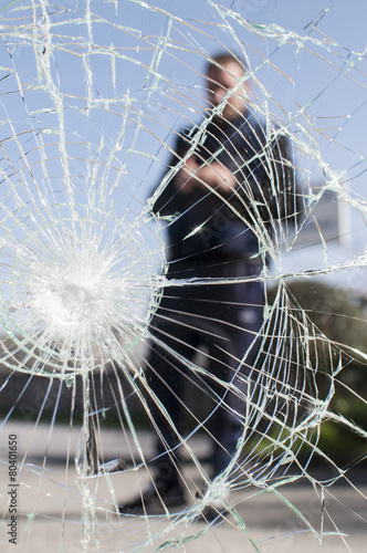 accident prevention glass broken by a hammer