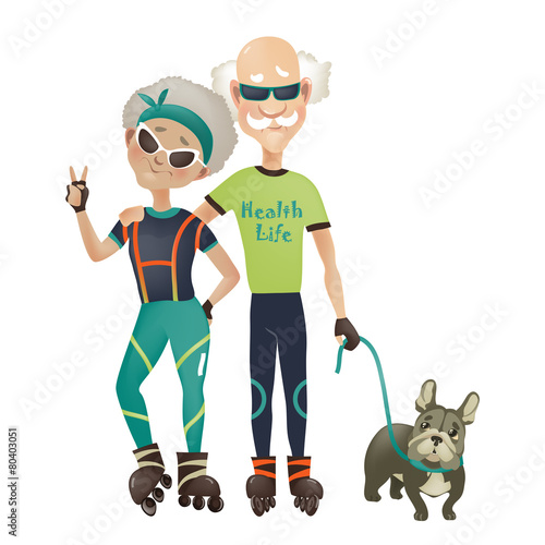 Cartoon active old couple, man and woman doing sport