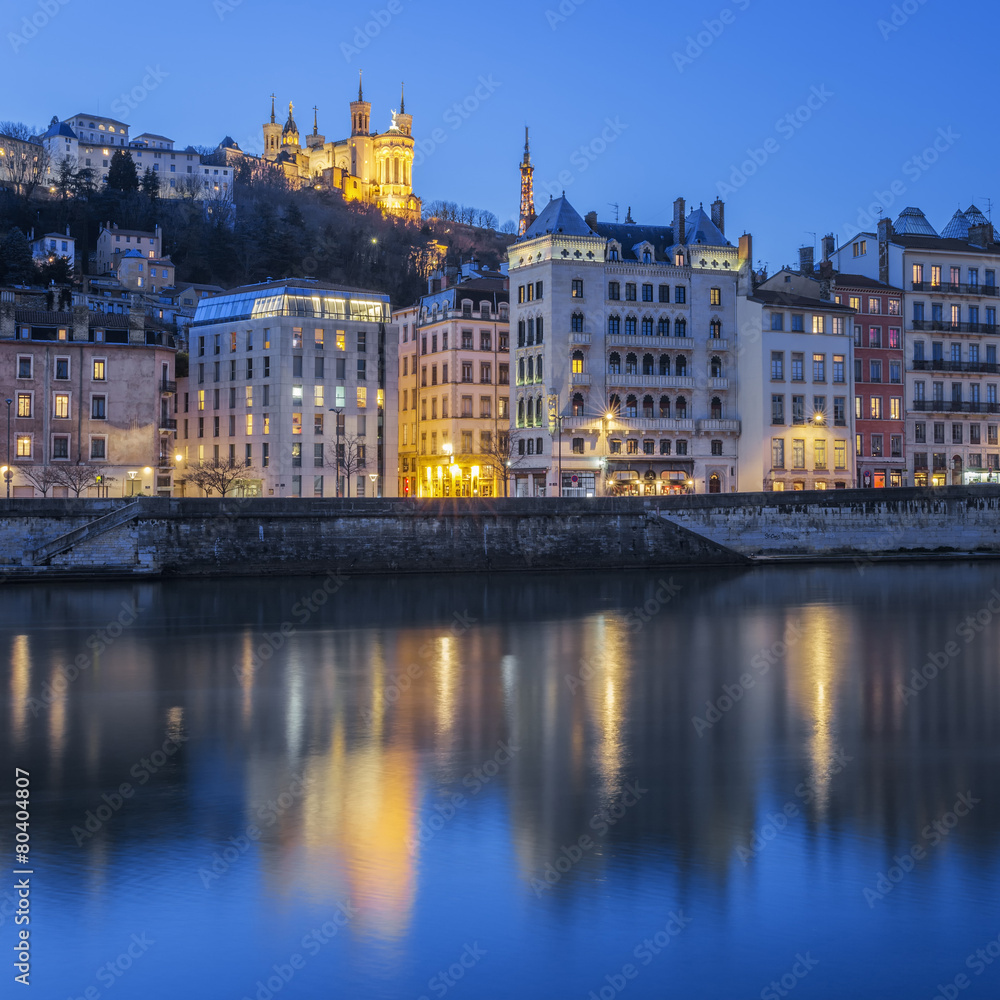 Lyon with Saone river by night