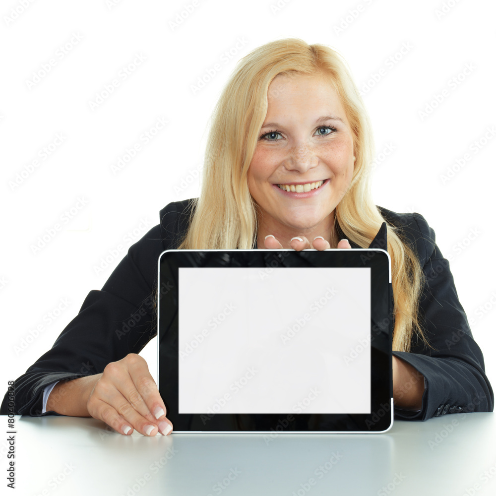 Woman shows tablet pc with copyspace Woman shows tablet pc with copyspace