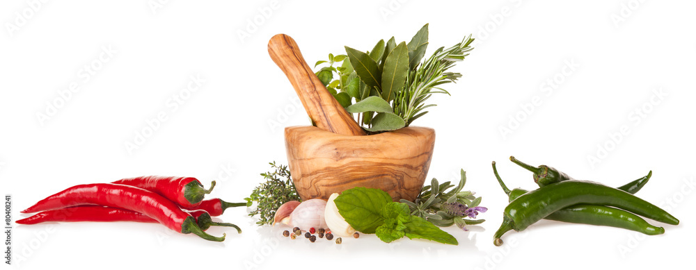 Wooden mortar with herbs on white background - obrazy, fototapety, plakaty 