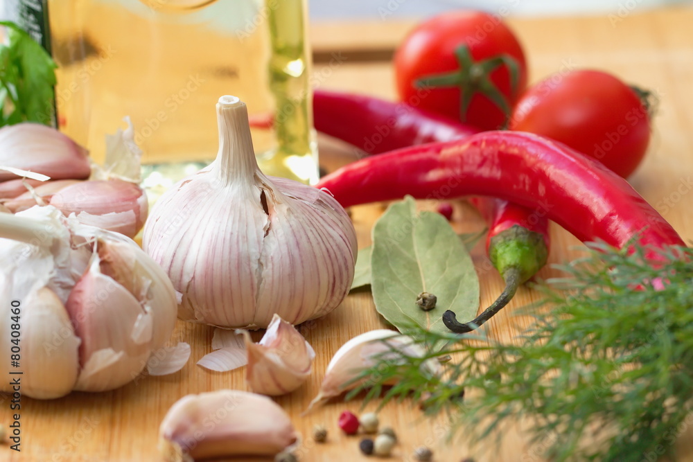 Garlic, chili pepper, tomatoes and spiсes Garlic, chili pepper, tomatoes and spiсes