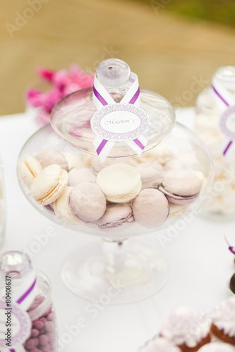 Served festive candy bar - bowl with macaron biscuits