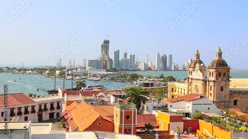 View of the historic center of Cartagena, Colombia with the Caribbean Sea visible in the background