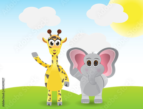 Funny cartoon giraffe and elephant say hallo