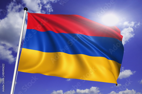 Armenia flag with fabric structure against a cloudy sky