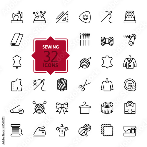 Thin lines web icon set - sewing equipment and needlework