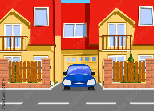 Car near the garage of new two storey house. Vector