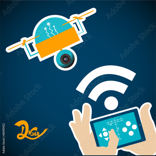 yellow drone controlled by a tablet over blue color background photo