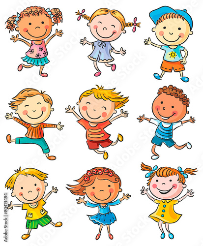Nine Happy Kids Dancing or Jumping