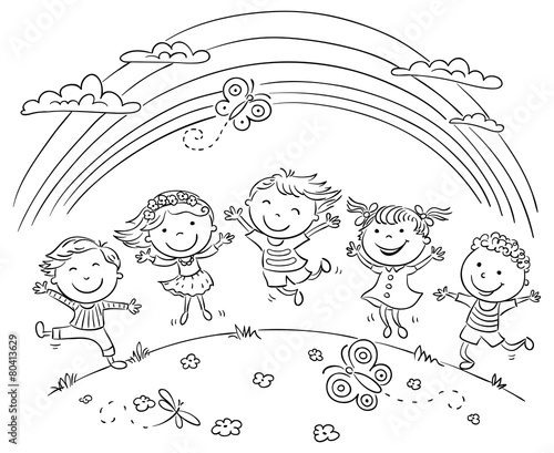 Kids Jumping With Joy On a Hill Under Rainbow