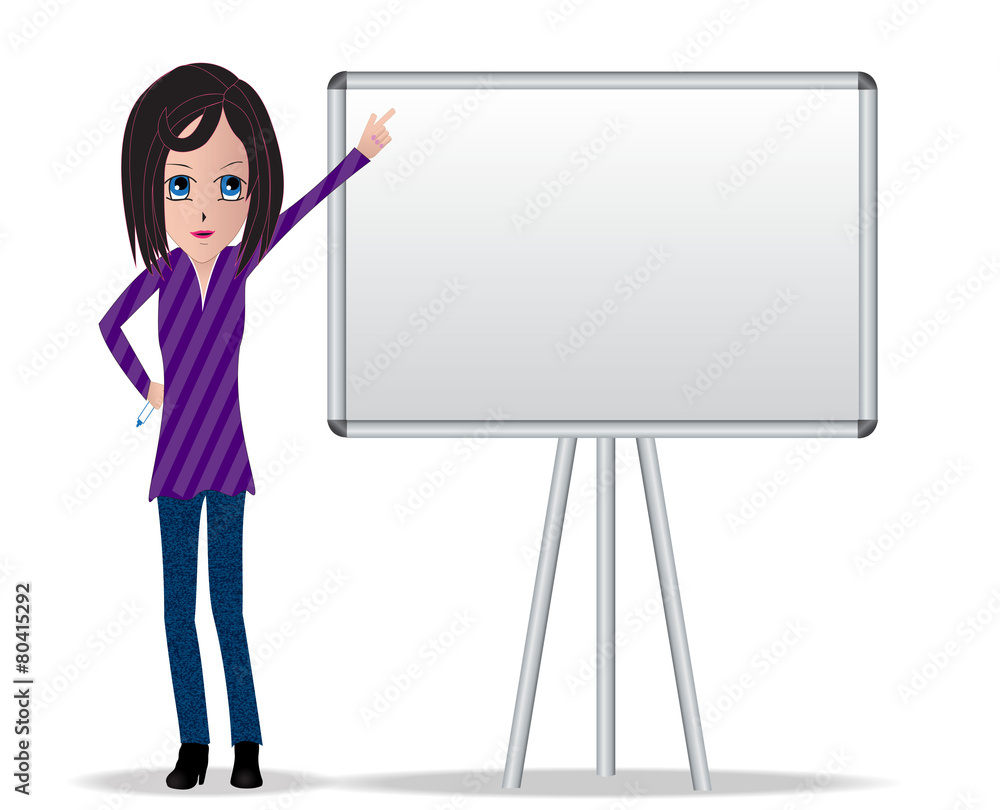 Brunette woman character with pointing hand on white board Brunette woman character with pointing hand on white board