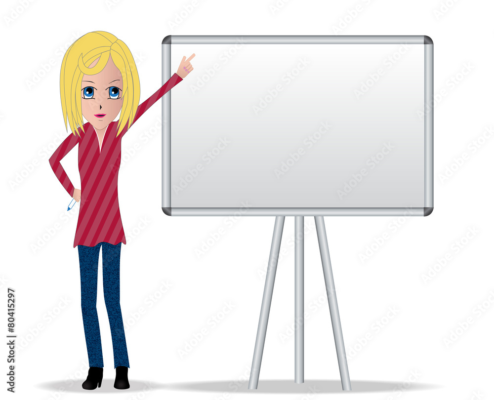 Blonde girl character with pointing hand on board Blonde girl character with pointing hand on board
