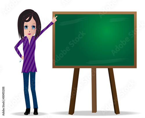 Brunette woman character with pointing hand on green board