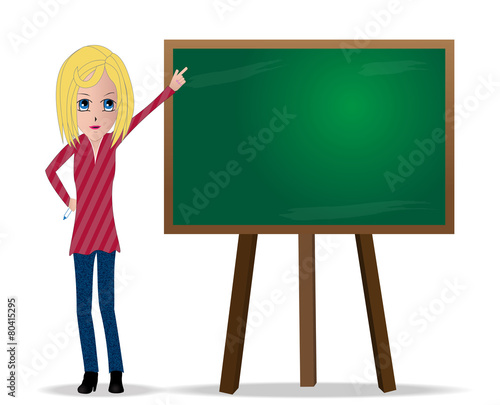 Blonde girl character with pointing hand on green board