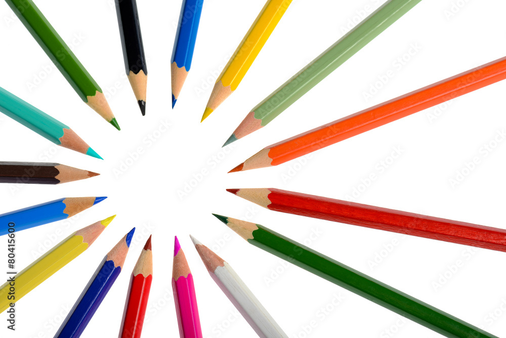 A circle of coloring crayons isolated on white background