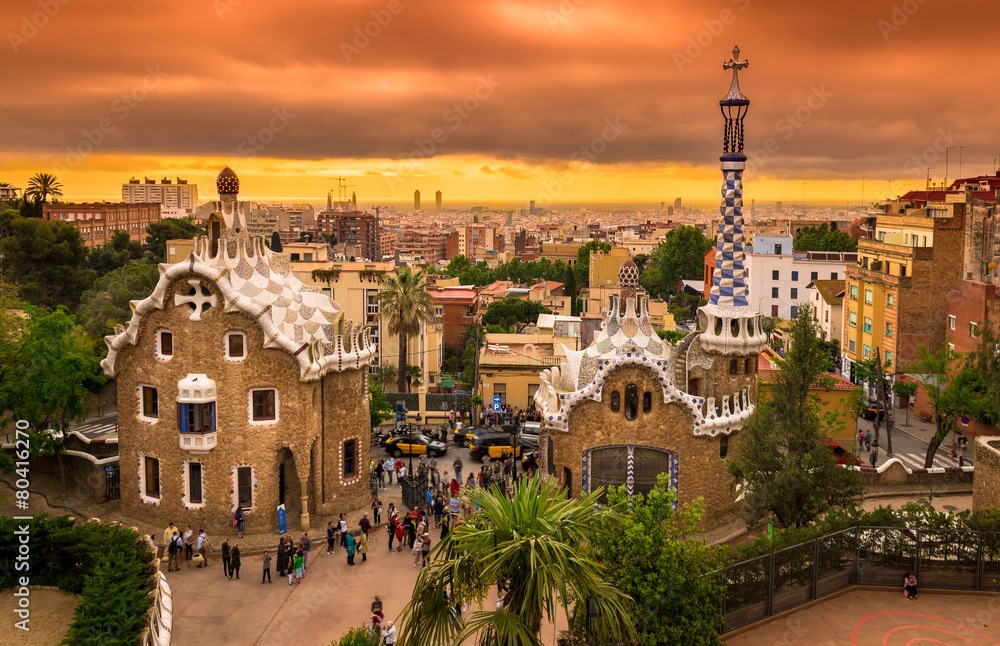 Sunset view of Park Guell in Barcelona, Spain