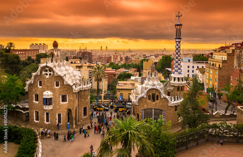 Sunset view of Park Guell in Barcelona, Spain #80416270