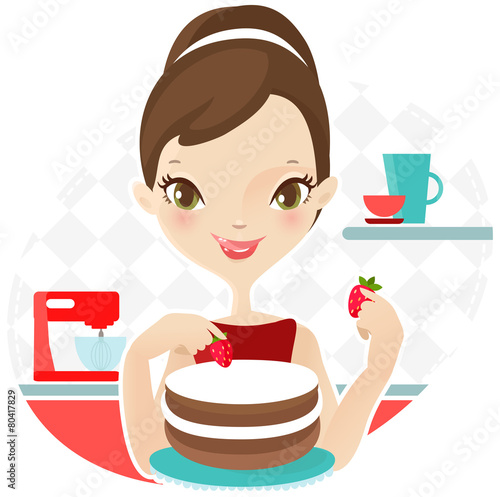 Beautiful woman making cake with strawberry. Vector