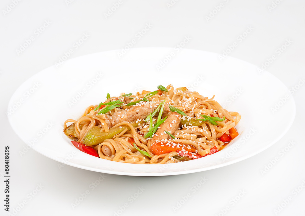 The udon needle with pork and vegetables The udon needle with pork and vegetables