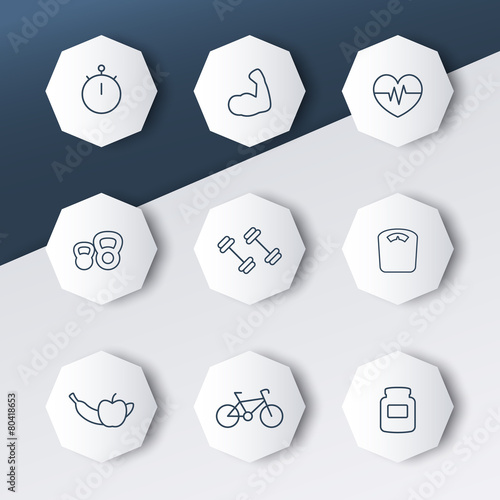 fitness, gym, training, workout, line octagonal icons, eps10